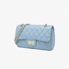 Ice Blue Quilted Cross Body. Blue Mobile Phone Shoulder Box Bag, Blue Mobile Phone Box Bag Satchel, Blue Satchel Box Bag For Mobile Phone, Blue Satchel Box Bag With Mobile Phone Holder, Luxury Blue Box Bag For Errands, Blue Large Capacity Satchel For Evening, Large Capacity Blue Satchel For Evening, Chic Light Blue Leather Bag, Blue Mobile Phone Evening Bag