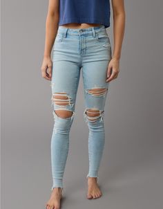 AE Next Level High-Waisted Ripped Jegging Everyday Stretch Distressed Jeans, Stretch Distressed Bottoms For Everyday, Everyday Stretch Distressed Bottoms, Distressed Stretch Bottoms For Everyday, Everyday Ripped High Rise Jeans, Trendy High Rise Fitted Jeggings, High Rise Ripped Jeans For Everyday, Everyday High Rise Ripped Jeans, Trendy Fitted High Rise Jeggings