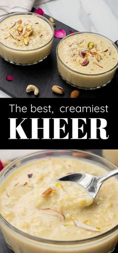 two bowls filled with pudding on top of a black tray and the words, the best cremest kheer