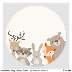 an animal themed baby shower sticker with the words woodland animals on it