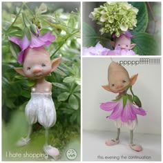 three different pictures with flowers and small figurines in the middle one has a pink flower on its head