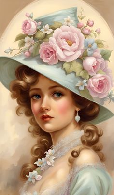 a painting of a woman wearing a blue hat with pink flowers on it's brim