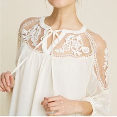 Boho Blouse S/M Elegant Lace Trim Blouse For Vacation, Casual White Blouse With Sheer Sleeves, Casual Blouse With Lace Sleeves For Brunch, Elegant Lace Top Blouse For Vacation, Chic Tops With Lace Sleeves For Brunch, White Blouse With Lace Sleeves For Spring, White Lace Sleeves Blouse For Spring, Casual White Blouse With Lace Sleeves, White Lace Sleeve Blouse For Spring