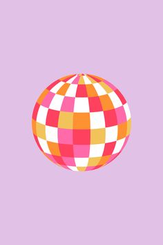 an orange, pink and white checkered ball on a purple background