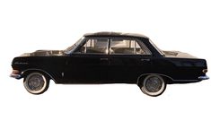 an old black car is shown on a white background