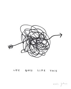 a black and white drawing of a ball of yarn with the words life goes like this