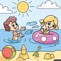 two children playing in the water on an inflatable floater at the beach