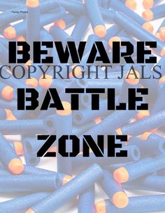 the words beware copyrightials battle zone are surrounded by blue and orange beads