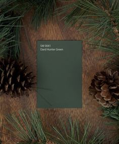 pine cones are next to a green sheet of paper on a wooden surface with evergreen needles