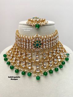 Elegant Kundan Choker comes with Jhumki Earrings and Tikka/ Indian Jewelry/Unique Polki and Kundan Jewelry/green color   All items are shipped from Brampton, Ontario, Canada. If you need your item by a certain day, please reach out to us for express delivery option before placing the order so that we can update the shipping for you. Standard shipping/delivery timeline Below are the delivery timeline estimates. We dispatch all orders by the next business day. ---> USA delivery timeline * 3-5 business days to major urban centers in USA. It may take 1-2 days extra to remote locations ---> Canada delivery timeline  * 2-3 business days - GTA  & Montreal  * 2-4  business days - Rest of Ontario/Quebec * 2-6 business days-  Rest of Canada    ---> Europe/Middle East timeline * 5-10 business days We Green Kundan Bridal Necklace Hand Set, Ceremonial Green Kundan Necklace, Green Bollywood Choker For Wedding, Green Meenakari Bridal Sets For Celebration, Bollywood Style Green Choker For Wedding, Traditional Green Bridal Sets For Festivals, Green Chandbali Bridal Necklace For Celebration, Traditional Green Bridal Sets For Festive Occasions, Green Kundan Bridal Necklace For Celebrations