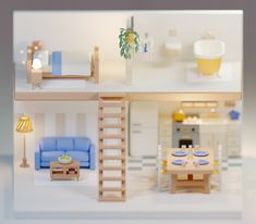 a doll house with furniture and accessories in it's living room, dining area, kitchen and bedroom