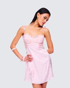 Very demure… very cutesy 🎀 Made from jacquard fabric and embroidered mesh, this pink mini slip dress is complete with a satin ribbon and lace trim for a look that will bring out your sweet side in all the best ways possible 😌 Pink Lace Slip Dress, Pink Girly Dress, Pink Lace Dress, Black Off Shoulder, Lace Pink Dress, Grad Pics, Mini Slip, Lace Slip Dress, Mini Slip Dress