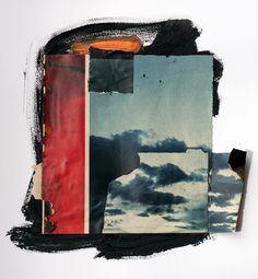 a collage of photos with clouds in the sky and paint splattered over them