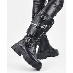 Gothic Punk Platform Boots, High Chunky Platform Boots, Riding Boots, Long Boots, Zipper Boots. PU Leather Boots. Combat Boots, Biker Boots, Punk Boots, Gothic Boots. Black Women's Boots. Looking to make a fashion statement? Then you can't go wrong with these awesome retro, motorcycle boots for women. Get your punk, goth, biker chick, vibe on with our chunky combat military style boots. Made from high quality eco-friendly PU leather that is made to last. These boots can take a few knocks and be Trendy Moto Boots With Metal Feet For Streetwear, Fall Streetwear Moto Boots With Metal Feet, Trendy Leather Moto Boots For Alternative Fashion, Edgy High Ankle Boots, Edgy High Ankle Moto Boots With Rivets, Gothic Moto Boots For Winter Streetwear, Edgy Streetwear Boots With Metal Feet, Edgy Boots For Winter Alternative Fashion, Edgy Boots For Alternative Fashion In Winter