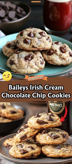 bailey's irish cream chocolate chip cookies are stacked on a plate and ready to be eaten