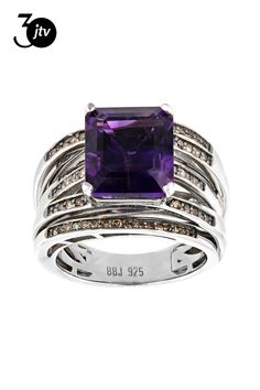 4.68ct rectangular octagonal African Amethyst with .36ctw round champagne diamond rhodium over sterling silver ring. Measures approximately 0.41"L X 0.48 "W. Not Sizeable. Black Rhodium