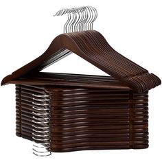 a brown wooden suit hanger on a white background