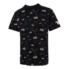 Men's Nike Logo Full Print Sports Training Short Sleeve Black T-Shirt DJ1392-010 Cotton Tops With All Over Print For Sports, Multicolor Sporty Crew Neck Shirt, Crew Neck Tops With All Over Print For Sports, Graphic Print Cotton T-shirt In Sportswear Style, Sporty All Over Print Tops For Streetwear, Sporty Tops With All Over Print For Streetwear, Athleisure Crew Neck Shirt With Graphic Print, Cotton Tops With All Over Print For Sports Events, Multicolor Cotton Tops For Sports Events