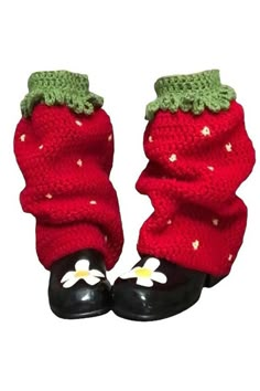 crochet strawberry leg warmers in red Crochet Ideas Strawberry, Strawberry Themed Clothes, How To Sew Leg Warmers, Casual One Size Warm Sweater, Casual One-size Warm Sweater, Casual Warm One-size Sweater, Winter Crochet Stretch Sweater, Crochet Stretch Sweater For Winter, Casual Crochet Sweater With Stretch