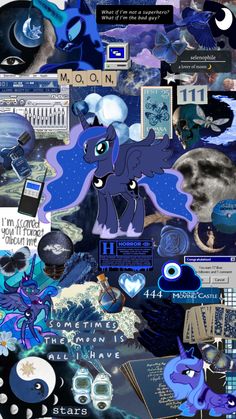 the collage has many different pictures and words on it, including an image of a pony