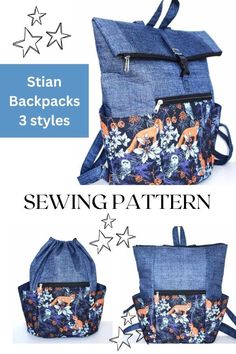 the back pack has three zippers on it and is made out of denim fabric