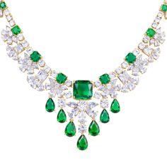 This charming collection is perfect for a special occasion. A cascade of ice white and vivid green gems shimmer across your neckline and sparkle from your earlobe. Just over 80 carats of these delightful signature Diamondeau®, the supreme diamond alternative, in classic cushion, pear and round cuts are handset into this piece. The luxurious 18ct yellow finish completes the look of this superb collection Luxury Green Gemstone Diamond Necklace, Luxury Green Diamond Gemstone Necklace, Exquisite Green Diamond Necklace, Luxury Green Diamond Necklace With Gemstone, Formal Green Gemstone Diamond Necklace, Luxury Green Diamond Necklace For May Birthstone, Exquisite Green Diamond Necklace For Formal Occasions, Luxury Green Diamond Necklace For Anniversary, Green Luxury Diamond Necklace For Anniversary