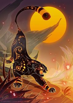 an artistic painting of a black cat in front of a full moon with orange and yellow colors