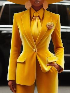 Buttoned Urban Pleated Balloon Sleeve Blazer | stylewe Women’s Suits For Work, Womens Yellow Outfits, Winter Blazers Women, Classy Pantsuits For Women, Tailored Womens Suits, Womens Suit Fashion, Power Suits For Women Classy, Professional Photoshoot Outfits, Female Pant Suit