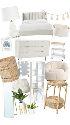 a collage of white furniture and accessories including a bed, chair, mirror, lamp, plant