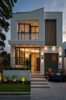 a car is parked in front of a modern house