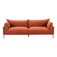 With Scandinavian styling, a softly blocked silhouette, and burnt auburn fabric upholstery, the sofa balances everyday simplicity with deep-seated comfort and plush cushioning. Find beauty in practicality with slim steel legs, clean stitch lines, and removable seat and back cushions. | AllModern Amryis 94" Sofa Polyester in Brown | 33 H x 94 W x 35.5 D in | Wayfair Slim Sofa, Orange Sofa, Stitch Lines, Brown Sofa, Stylish Sofa, Stainless Steel Legs, Sofa Upholstery, Scandinavian Inspired, Best Sofa