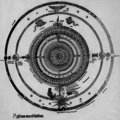 a drawing of a circular structure with many different things in it, including people and animals