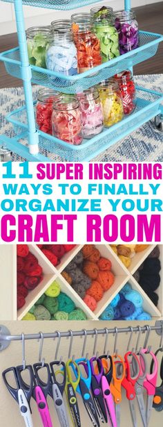 an organized craft room with scissors, yarn and other items on the shelf in front of it