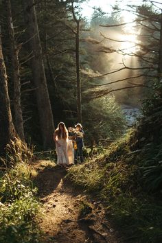 three people walking down a path in the woods