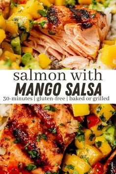 salmon with mango salsa is served on top of rice and garnished with cilantro