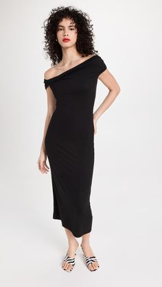 Fast Free Shipping & Free Returns on Reformation Jamen Off Shoulder Knit Midi Dress at Shopbop. Shop new arrivals from Reformation at Shopbop.com Black Dress With Short Sleeves, Preference Night, Off The Shoulder Black Dress, Black Dress Casual, Coat Dresses, Midi Black Dress, Reformation Clothing, Dress Reformation, Denim Midi Dress