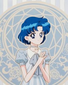 an anime character with blue hair wearing a white dress and holding her hands in front of her chest