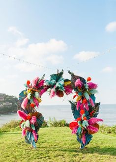 two colorful wreaths made out of feathers in the shape of birds on grass near water