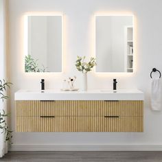 a bathroom with two sinks, mirrors and plants in vases on the counter top