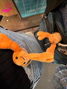 an orange stuffed animal sitting on top of someone's legs