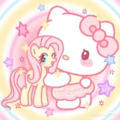 an image of a hello kitty and her baby pony hugging each other in front of a rainbow background