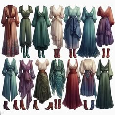 a bunch of women's dresses and boots are shown in different colors, shapes and sizes