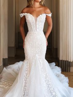 Mermaid Off-the-Shoulder Cathedral Train Tulle Wedding Dresses Prom Dress Pictures, Tulle Wedding Dresses, Wedding Dress Outfit, Cathedral Train, Wedding Ideas Dresses, Trumpet Wedding Dress, Cute Wedding Dress, Pretty Wedding Dresses, Mermaid Bridesmaid Dresses