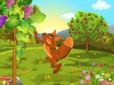 a cartoon squirrel running in the forest with fruit on his tree and mushrooms around him