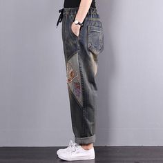 Elastic waist denim loose cotton plus size pants, pairing jeans with basic t-shirt, finishing the look off with sneakers. Item Code:1399967350846Item Type：Women PantsMaterial:Denim(Cotton)Season: Summer,Autumn,WinterStyle: Casual,RetroPattern: AbstractLength: Ankle-lengthWaist: ElasticPopular Elements:Pockets,Elastic Waist,EmbroIdery,Lacing,PatchCombination: Single-PieceColor: Denim BlueSize:M,L,XLSize M(Fit for EU 36,US6,UK8-10,AU8-10,NZ8-10)Length: 92.00 cm/ 36.22 "Hip: 118.00 cm/ 46.46 "Thigh