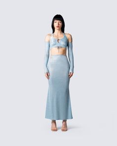 Glamorous Blue Skirt For Party Season, Two-piece Skirt Set For Spring Party, Spring Party Skirt Set With Stretch, Blue Skirt For Costume Party, Blue Skirt For Spring Costume Party, Trendy Winter Party Sets, Trendy Party Sets For Winter, Light Blue Skirt For Spring Party, Blue Two-piece Set For Night Out