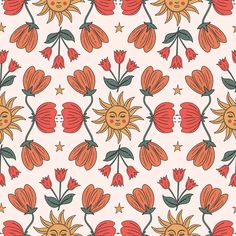 an orange and red flower pattern on a white background, with stars in the middle