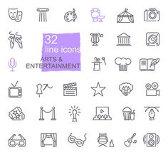 the 25 line icons for arts and entertainment are on display in this image, it is also