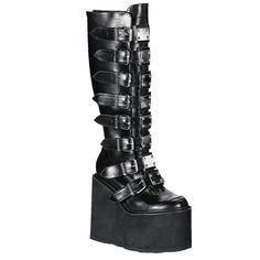 Demonia Swing-815 Black Vegan Leather With A 5 1/2" (14cm) Wedge Platform Goth Punk Gogo Knee Boot With Metal Plates, Full Back Zipper, Demonia Trinity Boots, Swi815/Bvl Free Shipping And Brand New In The Box Great For A Festival Set, Rave Outfit, As Goth Boots, Emo And Alternative Fashion, Cosplay Costumes, Dolls Kill And Hot Topic Shoes, And More #Nwt #Punk #Grunge #Dollskill #Summer Fake Demonia Boots, Demonia Wedge Boots, Demonia Camel 311 Boots, Leather Platform Wedge Boots For Party, Edgy Leather Wedge Boots For Party, Black Leather Wedge Boots For Concert, Edgy Formal Closed Toe Platform Boots, Punk Leather Boots With Wedge Heel, Punk Style Leather Boots With Wedge Heel