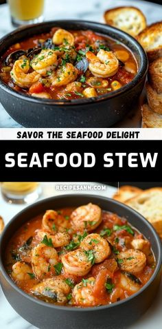 seafood stew served in a black bowl with bread on the side and an image of garlic bread